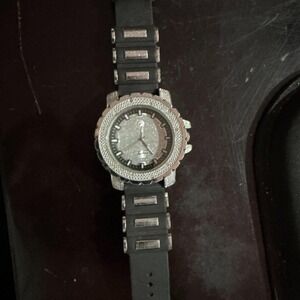 Techno Pave Mens Silver Tone Iced Bezel Quartz Watch Black Silicone Strap 7288